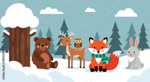 Flat cute kids vector winter woodland scene with fox in scarf, deer, bear cub, rabbit, and owl in snow. Ideal for seasonal kids illustrations and educational content 