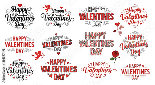 Happy Valentine's Day" typography collection with romantic scripts, bold letters, hearts, cupids, and roses for greeting cards and festive designs