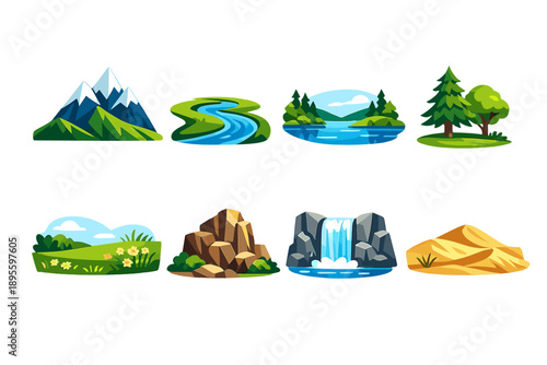 Natural landscape elements in flat style: mountain, river, lake, forest tree, meadow grass, rocky cliff, waterfall, sand dune