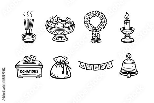 Sacred site offering items in doodle style: incense sticks, offering bowl, flower garland, candle holder, donation box, cloth pouch, prayer flag, bell