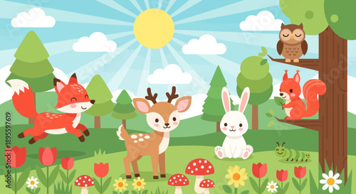 Flat cute kids vector meadow scene with deer, fox, rabbit, squirrel, owl, and hedgehog surrounded by flowers. Great for nursery decor, preschool content, and children design