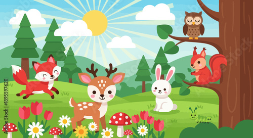 Flat cute kids vector meadow scene with deer, fox, rabbit, squirrel, owl, and hedgehog surrounded by flowers. Great for nursery decor, preschool content, and children design