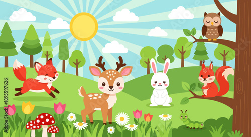 Flat cute kids vector meadow scene with deer, fox, rabbit, squirrel, owl, and hedgehog surrounded by flowers. Great for nursery decor, preschool content, and children design