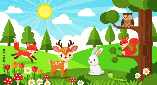 Flat cute kids vector meadow scene with deer, fox, rabbit, squirrel, owl, and hedgehog surrounded by flowers. Great for nursery decor, preschool content, and children design