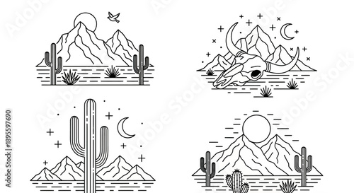 Minimal desert landscape vector set with cacti, mountains, sun, moon, and animal skulls in a line art style. Perfect for t-shirt prints, posters, outdoor-themed branding, and retro designs