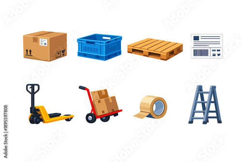 Warehouse fulfillment supplies in flat style: cardboard box, plastic crate, pallet, pallet jack, hand trolley, packing tape roll, shipping label, ladder