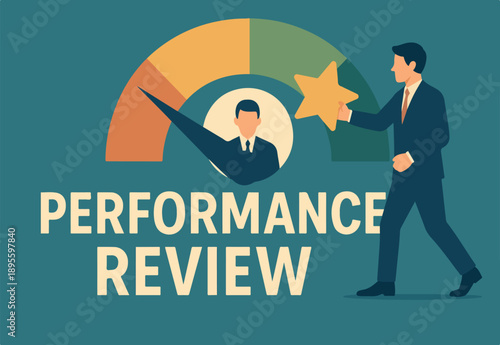 Performance review, employee evaluation rating assessment, star feedback for candidate, quality scale or appraisal comparison concept, businessman review employee performance with gauge and star