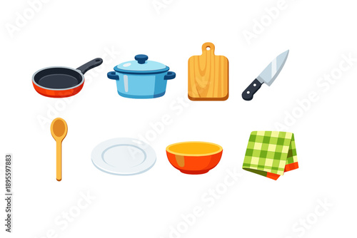 Light home cooking essentials in flat style: frying pan, cooking pot, cutting board, kitchen knife, wooden spoon, plate, bowl, dish towel