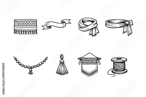Ritual fabric and adornment items in doodle style: ceremonial cloth, ribbon strip, scarf wrap, sash belt, bead strand, tassel charm, fabric banner, thread spool