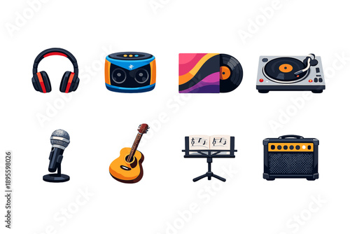 Music and audio leisure flat style: headphones, wireless speaker, vinyl record, record player, microphone, guitar, music stand, amplifier