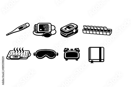 Smart wellness personal care tools in outline vector style: digital thermometer, blood pressure monitor, pulse oximeter, pill organizer, heating pad, eye mask