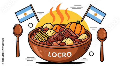 A colorful illustration depicts a steaming bowl of locro a traditional argentinian stew adorned with flags high quality professional detailed modern elegant stylish clean