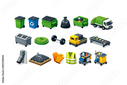 Waste management services in isometric flat style: garbage bin, recycling bin, dumpster, waste bag, collection truck, street container, bin lid, wheel axle