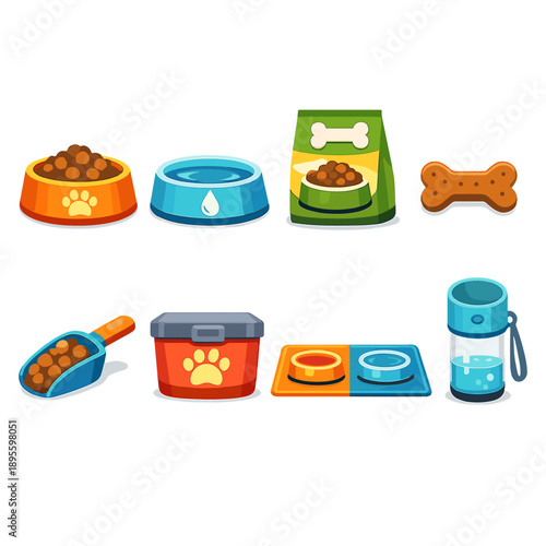 Pet feeding items in flat style: food bowl, water bowl, kibble bag, treat, scoop, food container, feeding mat, water bottle