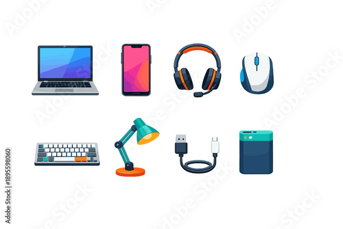 Office multitasking essentials flat style: laptop, smartphone, headset, mouse, keyboard, desk lamp, charging cable, power bank