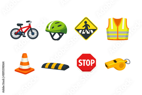 Road child safety flat style: bicycle, helmet, traffic cone, crosswalk sign, reflector vest, speed bump, stop sign, safety whistle