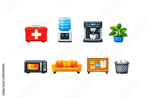 Employee welfare facilities in flat style: first aid kit, water dispenser, coffee machine, microwave oven, sofa, indoor plant, notice board, trash bin