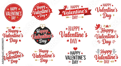 Diverse set of charming Valentine's Day badges and stickers featuring romantic hearts and elegant typography for love celebrations, perfect for greetings and festive designs