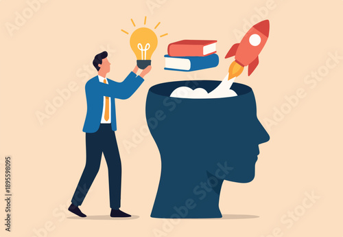 Upskill, learn new things or knowledge development for new skill and improve job qualification concept, man putting light bulb ideas, books and rocket booster into human head to upgrade working skill
