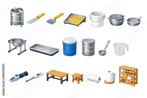 Beekeeping honey harvesting equipment in isometric flat style: honey extractor, uncapping knife, uncapping fork, uncapping tray, honey bucket, honey sieve