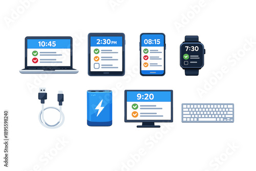 Digital time and task devices in flat style: laptop, tablet, smartphone, smartwatch, charging cable, power bank, external monitor, keyboard