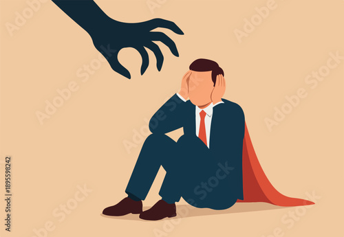 Fear or afraid of failure, struggle or shackle, feeling depressed or disorder, phobia, anxiety or stressed burnout or negative thinking concept, fearful businessman sitting with evil hand threaten.
