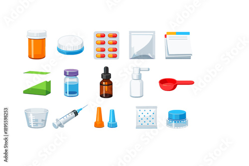 Medical packaging and containers in flat style: pill bottle, childproof cap, blister card, foil pouch, prescription pad, cardboard box, plastic vial, dropper