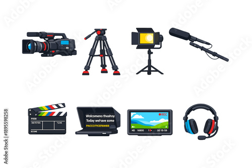 TV program production gear flat style: studio camera, camera tripod, studio light, boom microphone, clapperboard, teleprompter, camera monitor, headset