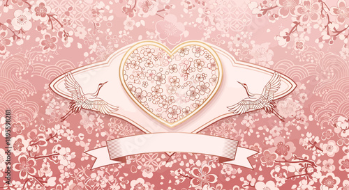 Romantic pink cherry blossom illustration featuring graceful cranes and a decorative floral heart frame, ideal for elegant spring weddings and loving celebrations