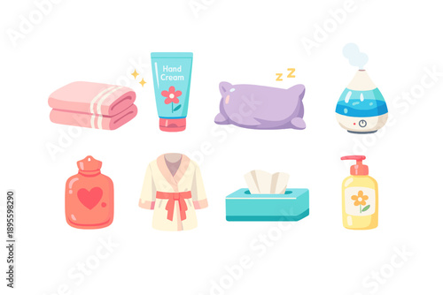Gentle self care essentials in flat style: bath towel, hand cream tube, sleep pillow, humidifier, hot water bottle, robe, tissue box, lotion bottle