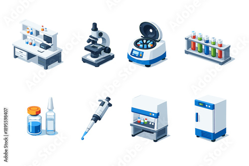 Pharmaceutical industry laboratory equipment in isometric flat style: laboratory bench, microscope, centrifuge, test tube rack, sample vial, pipette, safety