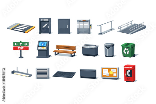 User Parking Amenities in isometric flat style: pedestrian walkway, stairwell door, elevator door, handrail, ramp, directional sign, information kiosk, bench