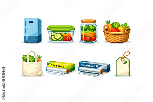 Vegetable dishes storage supplies in flat style: refrigerator, storage container, glass jar, produce basket, reusable bag, cling wrap roll, foil roll, label tag