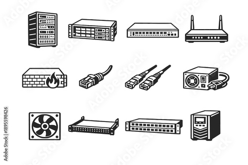 Enterprise Solutions IT Infrastructure in outline vector style: server rack, blade server, network switch, router, firewall appliance, ethernet cable, fiber