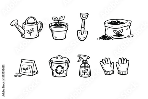 Urban gardening and sustainability tools in doodle style: watering can, plant pot, garden shovel, soil bag, seed packet, compost bucket, spray bottle, gardening