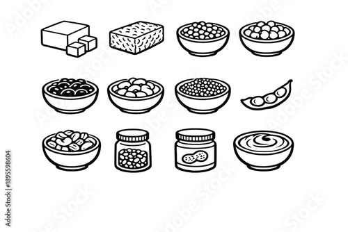 Plant Based Diet Protein Foods in outline vector style: tofu block, tempeh slab, lentil bowl, chickpea bowl, black bean bowl, kidney bean bowl, quinoa bowl