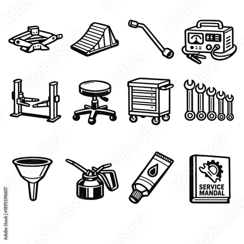 Vehicle and Mechanical Workshop Items in outline vector style: car jack, wheel chock, tire iron, battery charger, hydraulic lift, work stool, tool trolley