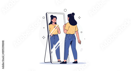 Person Standing Confidently in Front of Mirror, Self Love Vector Illustration
