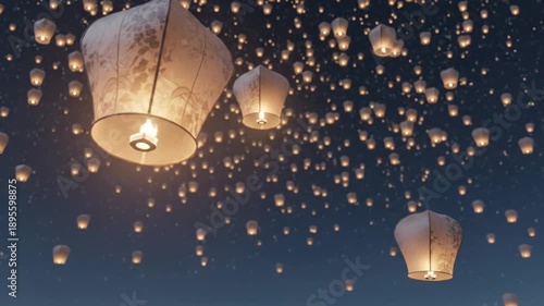 Thousands of Sky Lanterns Floating Up into the Night Sky