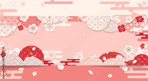 Elegant Japanese cherry blossom and traditional cloud pattern background, ideal for spring celebrations and cultural events with a festive Asian design