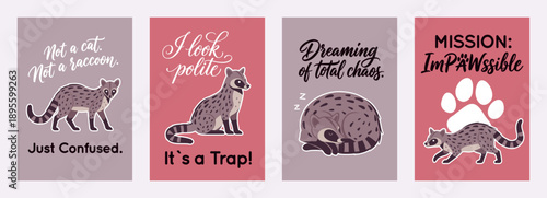 Cute civet funny slogan poster banner set. Inspirational quote, T-shirt printing, motivational copybook covers ready design, creative banner typography, tote bag, flyer decor. Vector illustration