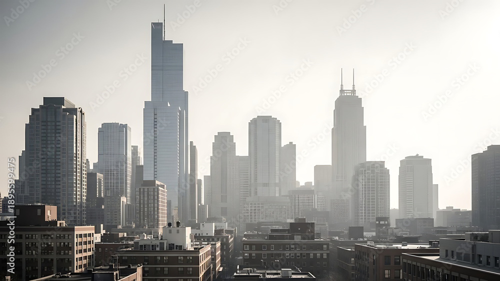 Fototapeta premium Modern City Skyline with Tall Skyscrapers Against a Hazy Sky