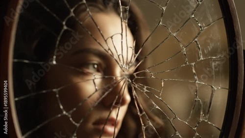 Cracked Mirror Reflecting Partial Face in Quiet Interior