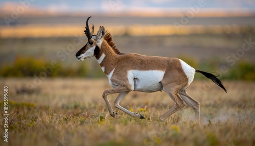 A pronghorn gracefully runs through golden grasses under a soft, muted sky at sunset