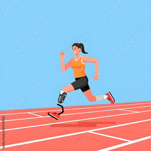 Strong Disabled Female Athlete Running on Track with Prosthetic Leg