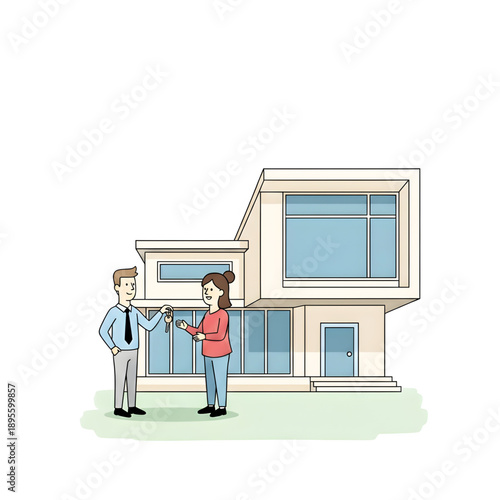 Real Estate Agent Giving House Keys to New Homeowner in Front of Modern House