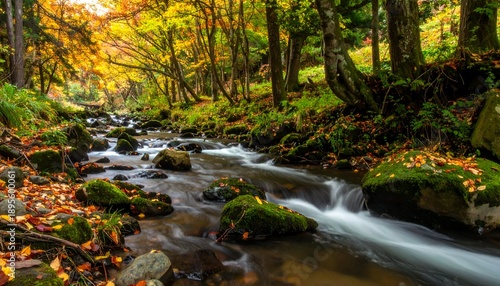 A river flows through an autumn forest, long exposure softening the water, with colorful leaves & mossy rocks