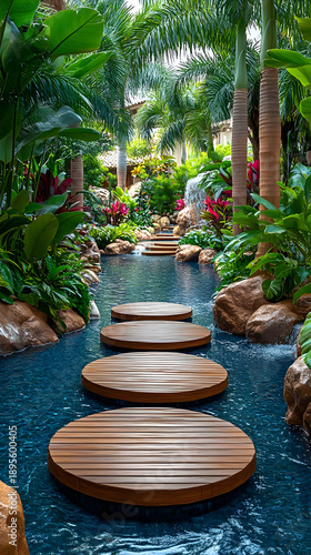 Tropical Stream with Wooden Stepping Stones.