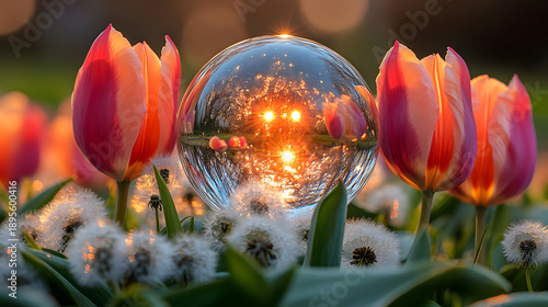 Tulips and Glass Ball in Garden Landscape.