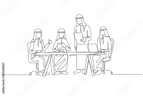 Continuous one line drawing four Saudi men in corporate meeting. Leader standing to present to colleague who are working with laptop at office desk. Single line draw design vector graphic illustration